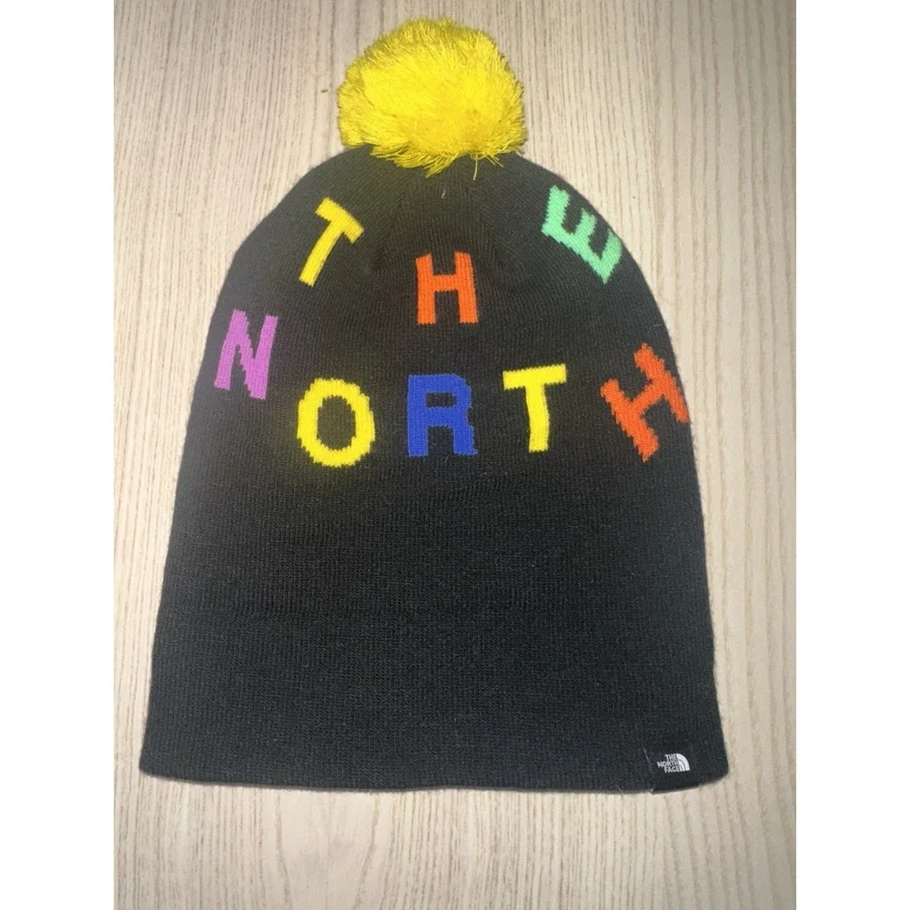 The‎ North Face Black Yellow Multicolor Knit Beanie Pom-Pom Unisex Beanie Hat